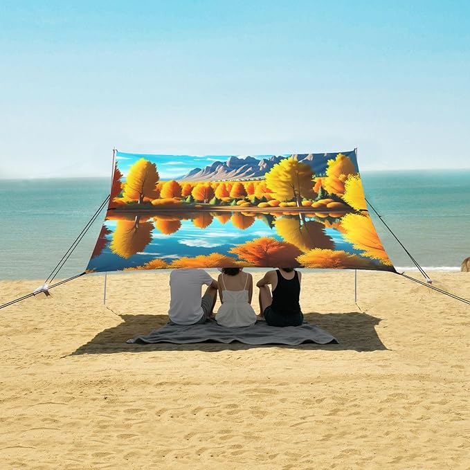 Beach Canopy with Windproof Ropes &amp Sandbags Beach Tent Sun Shade Sun Shelter for Camping Trips Fishing Backyard Fun or Picnics Autumn