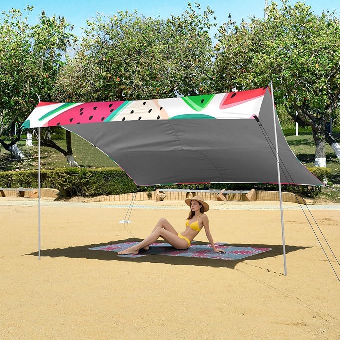 xigua Watermelon Beach Tent Sun Shelter with Carrying Bag - Silver Coated Oxford Fabric Beach Canopy for Beach Camping Fishing - Includes Windproof Ropes Sandbags &amp Stakes