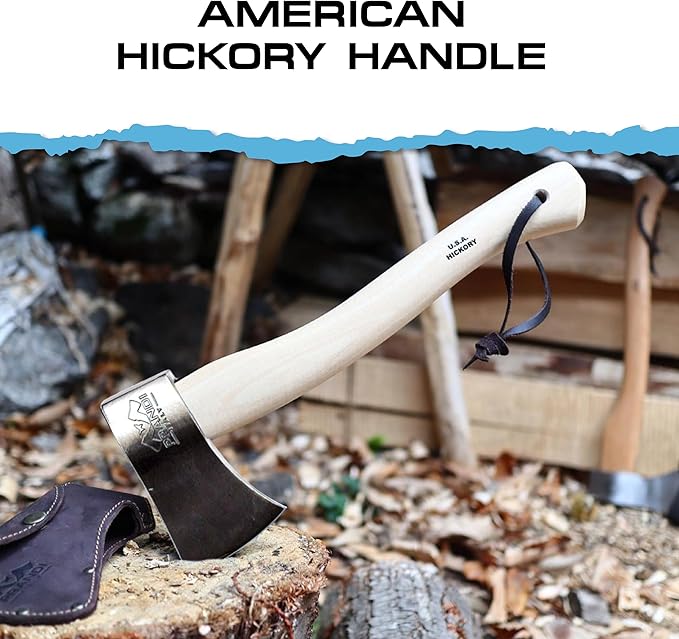 Prandi Yankee Hatchet 1.32lb Head - Hickory Handle 14.97in with Leather String - Ideal for Camping Travel and Bushcraft - Made in Italy