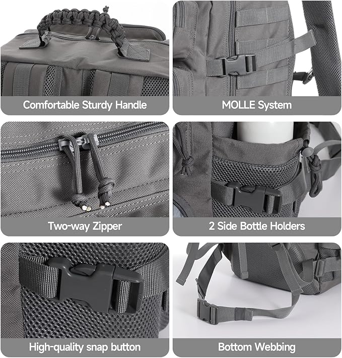 Tactical Military Backpack Large Capacity Molle System Multi-Compartment Design with Shoe Storage Black (grey)