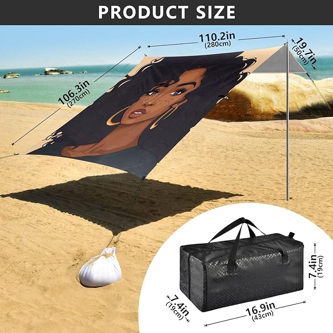 ALAZA Black Woman with Curly Hair Beach Tent Sun Shelter Portable Canopy Sunshade for Outdoor Camping Picnics Backyard Fun 10x9 ft
