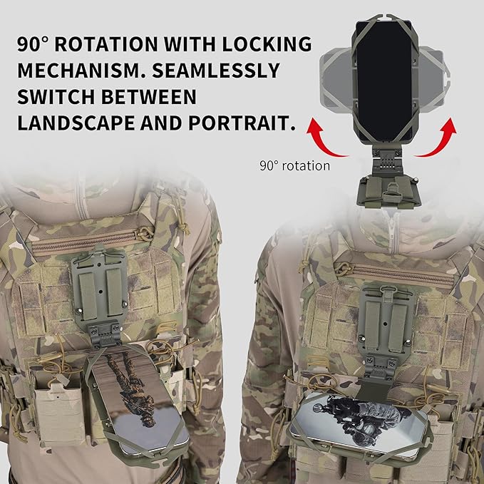 Tactical Gear Plate Carrier Vest Accessories 90° Rotating MOLLE Phone Holder for 4.7-7.8 Screens Foldable Tactical Phone Chest Mount Holder for Police &amp Airsoft Gear