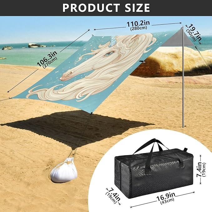 ALAZA Unicorn Portrait Star Beach Tent Sun Shelter UPF50+ Protection Beach Shade Canopy w/ 4 Sandbags for Outdoor Camping Fishing Backyard Fun Picnic 10x9 ft
