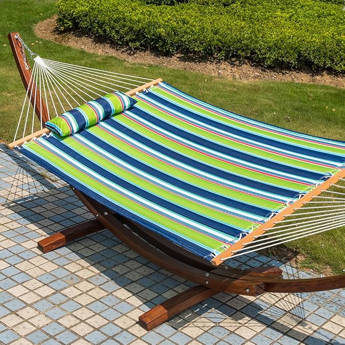 Lazy Daze 12 FT Quilted Fabric Double Hammock with Spreader Bars and Detachable Pillow 2 Person Hammock for Outdoor Patio Backyard Poolside 450 LBS Weight Capacity Green/Blue Stripe