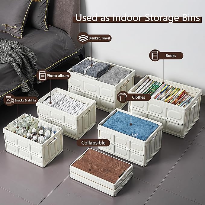 VPTMRP Collapsible Storage Bin with Handles and Wooden Lid Large Capacity Stackable Utility Crates Holds 33lbs for Outdoor Home Storage Organizing Moving (55L/14.5Gal)