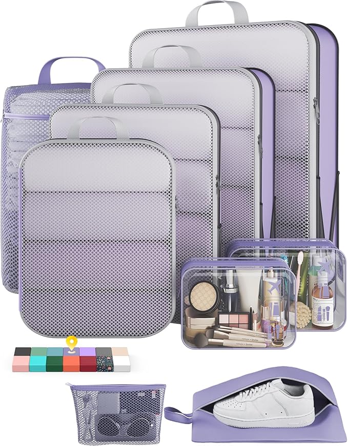 Veken 9/11 Set Compression Packing Cubes for Travel EssentialsCompressible Expandable Large Luggage Suitcase Organizer Bags for ClothingDurable Space Saver Storage Bags(Purple Gray)