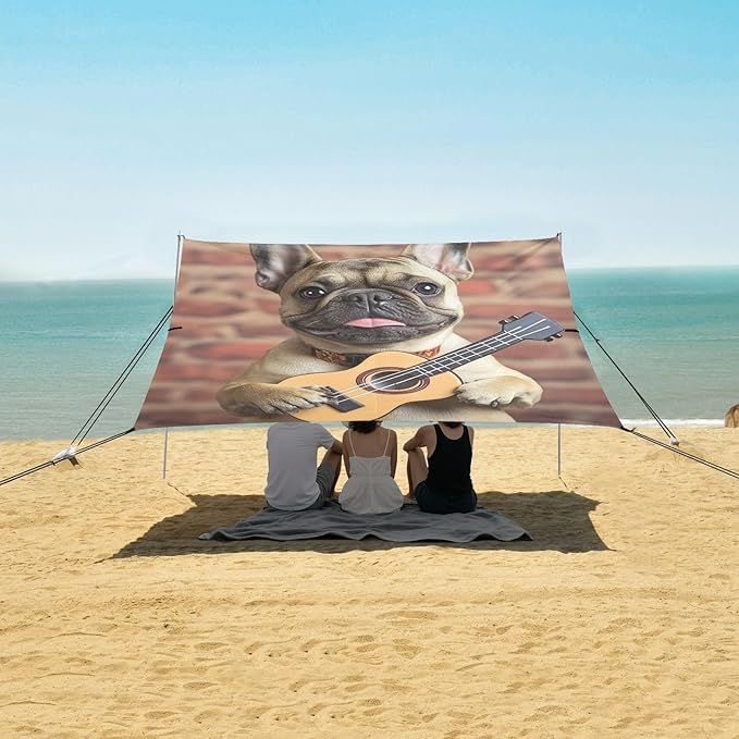 ALAZA French Bulldog Dog Holding A Guitar Beach Tent Sun Shelter Portable Canopy Sunshade for Outdoor Camping Picnics Backyard Fun 10x9 ft