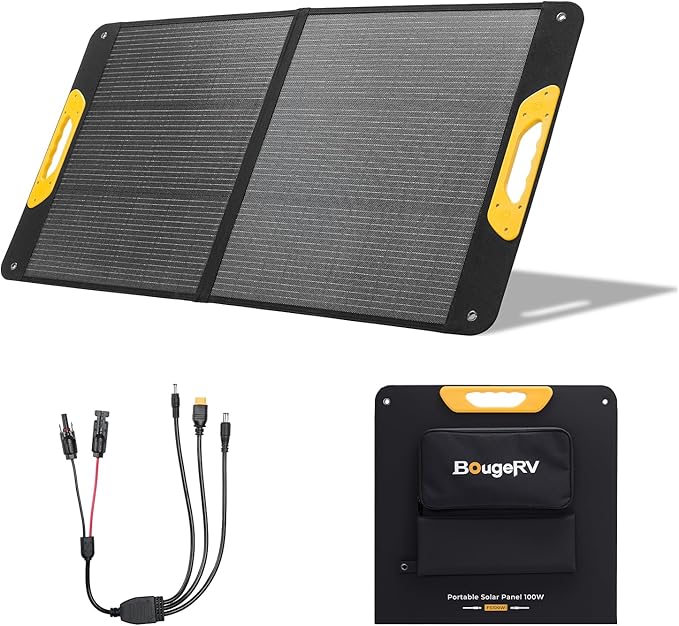 BougeRV 100W Portable Solar Panel Fiberglass Solar Charger Up to 25% Conversion Hight Efficiency N-Type Foldable Solar Panel IP65 Water Resistant for Camping RV Van Boat Hiking &amp Off-Grid