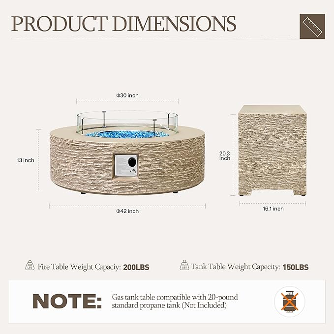UPHA 42-inch Outdoor Propane Gas Fire Pit Table 50000 BTU Concrete Round FirePit for Outside Patio with Propane Tank Cover Wind Guard Blue Glass Rocks Rain Cover Beige