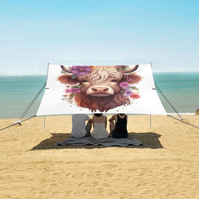 ALAZA Cute Cattle Beach Tent Sun Shelter UPF50+ Protection Beach Shade Canopy w/ 4 Sandbags for Outdoor Camping Fishing Backyard Fun Picnic 10x9 ft