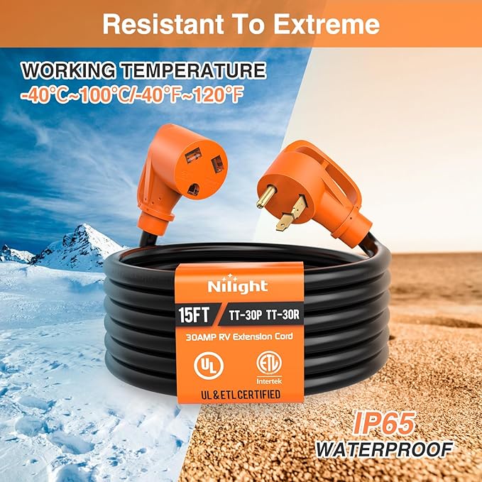 Nilight 15FT 30 Amp RV Extension Cord with Adapter 15Amp to 30Amp 125V Heavy Duty 10/3 Gauge Pure Copper STW Wire UL ETL Listed 3 Prong TT-30P TT-30R Weatherproof Suit for Generators Campers