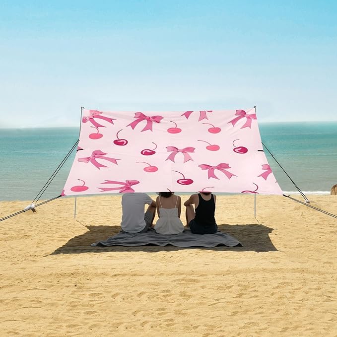 ALAZA Pink Bows Cherrie Pattern Beach Tent Sun Shelter Portable Canopy Sunshade for Outdoor Camping Picnics Backyard Fun 10x9 ft