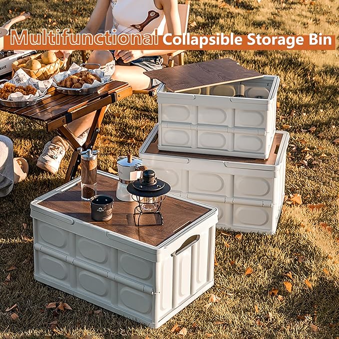 VPTMRP Collapsible Storage Bin with Handles and Wooden Lid Large Capacity Stackable Utility Crates Holds 33lbs for Outdoor Home Storage Organizing Moving (55L/14.5Gal)