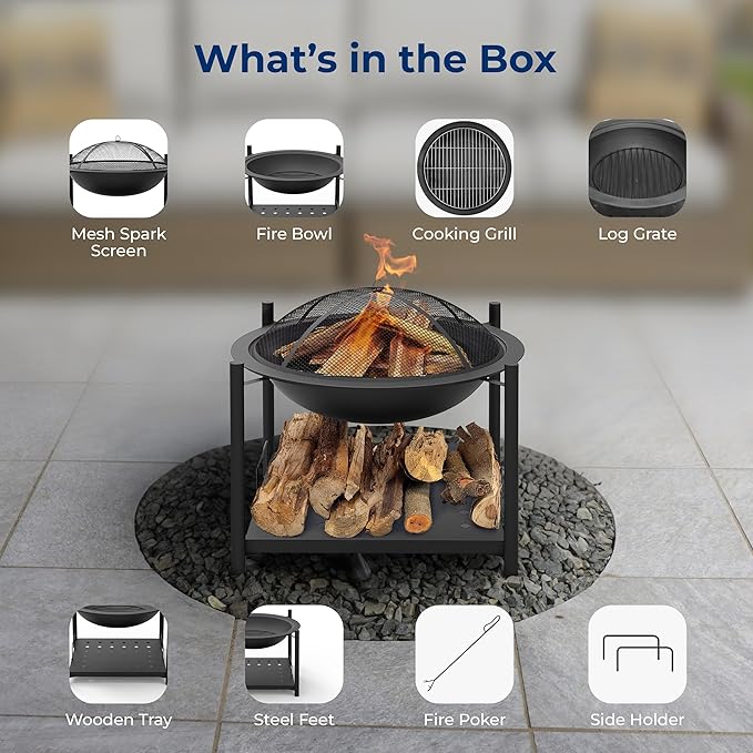 SereneLife Portable Outdoor Fire Pit - 2-in-1 Steel BBQ Grill and 26 Wood Burning Fire Pit Bowl with Mesh Spark Screen Log Grate Fire Poker and Cover for Camping Picnic Bonfires