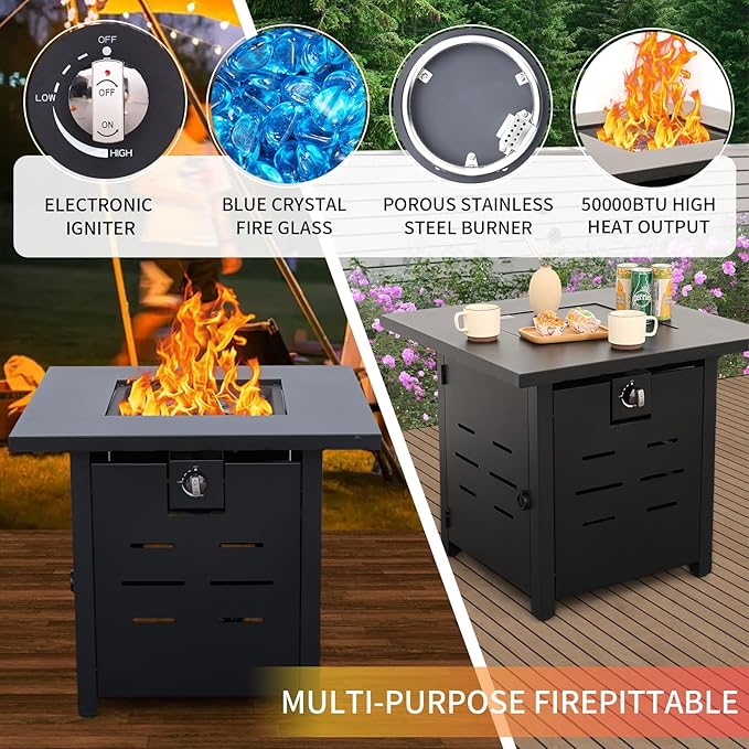 Outdoor Propane Fire Pit 28 Inch Patio Firepit Table with Fire Glass for Outside Parties and Gatherings on Garden Backyard Porch