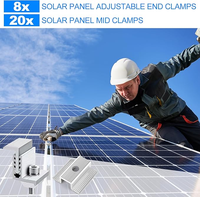 LANIAKEA 28PCS Solar Panel End Clamps 35-50 mm Adjustable End Panel Clamps Aluminum Solar Mid Clam for Metal Roof Tin Roof Flat Roof Solar Panel PV Mounting System