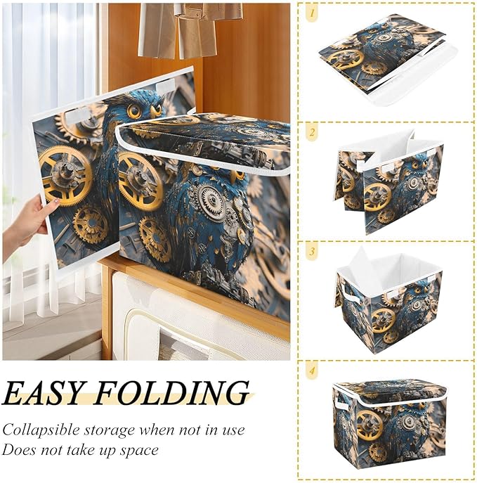 Storage Cube with Lid Steampunk Owl Print 16.5×12.6×11.8 IN Collapsible Large Capacity Foldable Storage Basket Bin Organizer