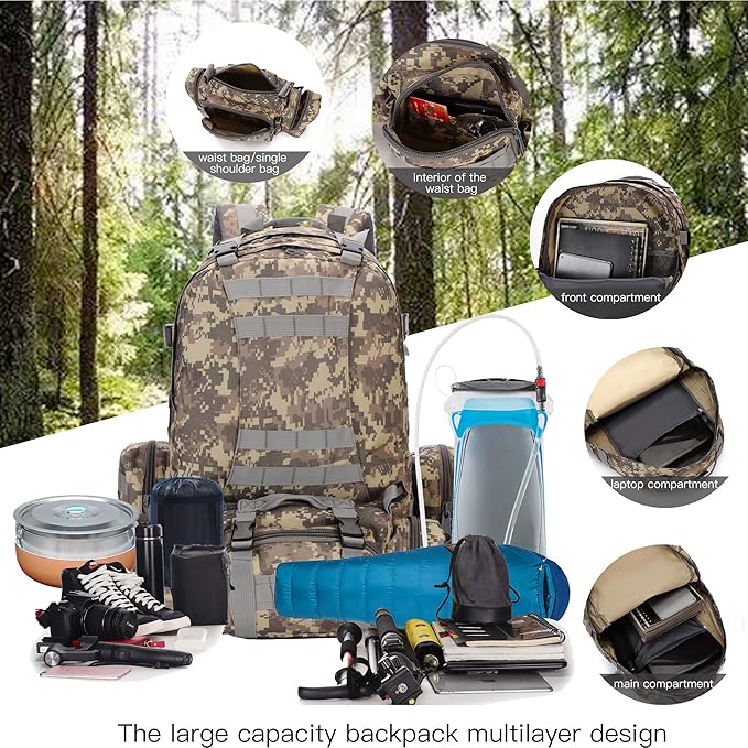 Military Tactical Backpack 45+10L Army 3 Day Assault Pack Molle Camping Hiking Rucksack Traveling Daypack