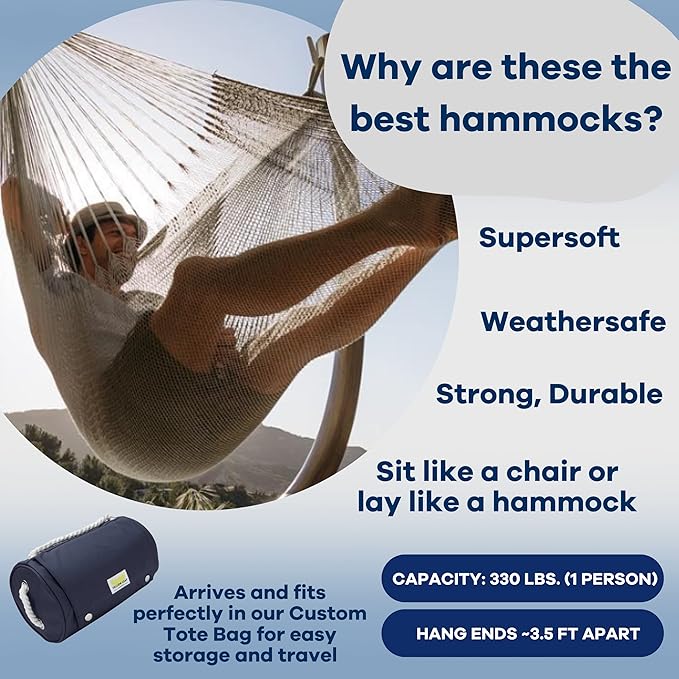 Handwoven Hanging Chair by Yellow Leaf Hammocks - Fits 1 Person 330lb Max - Kick Back for Full-Body Recline - Weathersafe Ultra Soft Hang Anywhere - Color: Stripe Grey - White