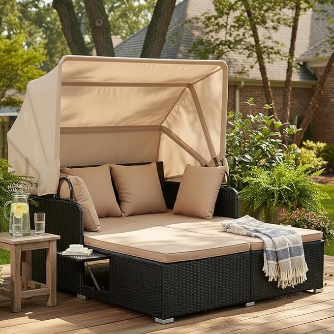 Tangkula Patio Rattan Daybed with Retractable Canopy Outdoor Wicker Sunbed Lounger with 2 Foldable Side Tables Thick Seat &amp Back Cushions Outside Double Daybed for Garden Backyard Porch