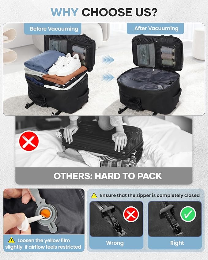 Vacuum Travel Tactical Backpack with Air Pump Carry on Flight Approved Personal item Large Tool Hiking Compression Gym Backpack Vacuum Seal Bags for Clothing Travel Women Men Mochila de Viaje Black