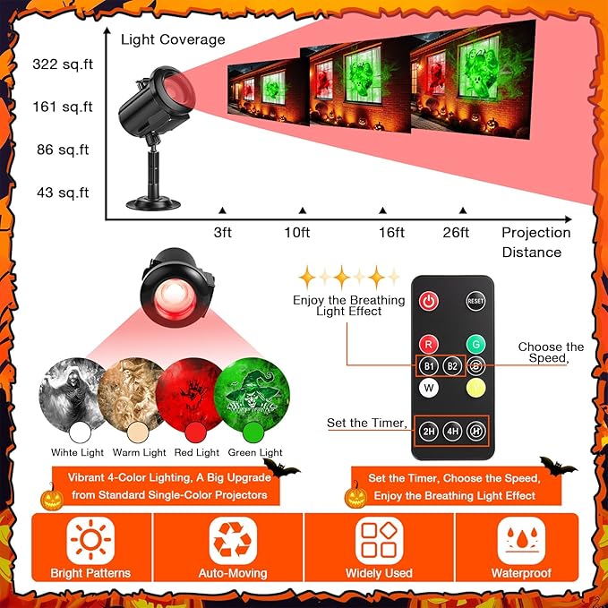 12 in 1 Halloween Ghost Projector Light Outdoor 3D Dynamic Decoration Light 4 Color Waterproof Scary Projector with Skeleton Ghost/Ghost/Pumpkin/Witch for Home Window Wall Halloween Holiday Decor