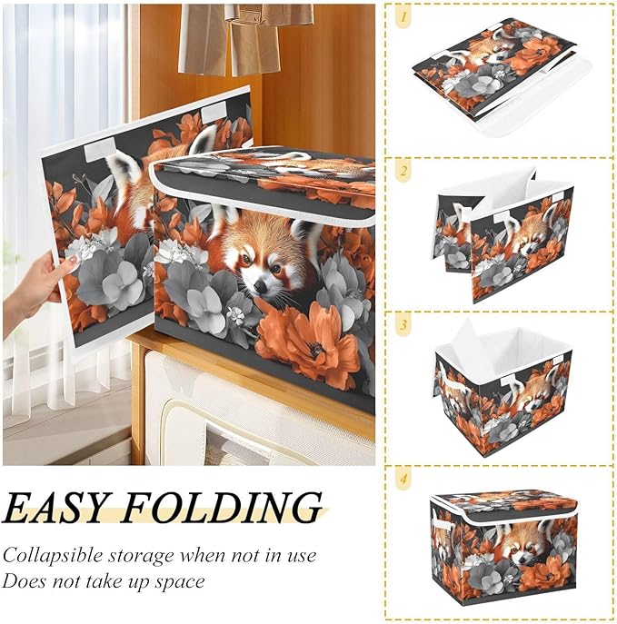 AIXIWAWA Lidded Storage Cube (Red Panda Floral) Fabric Foldable Closet Bins with Flip Lid and Handles Organizer Basket Container 16.5 x 12.6 x 11.8 IN