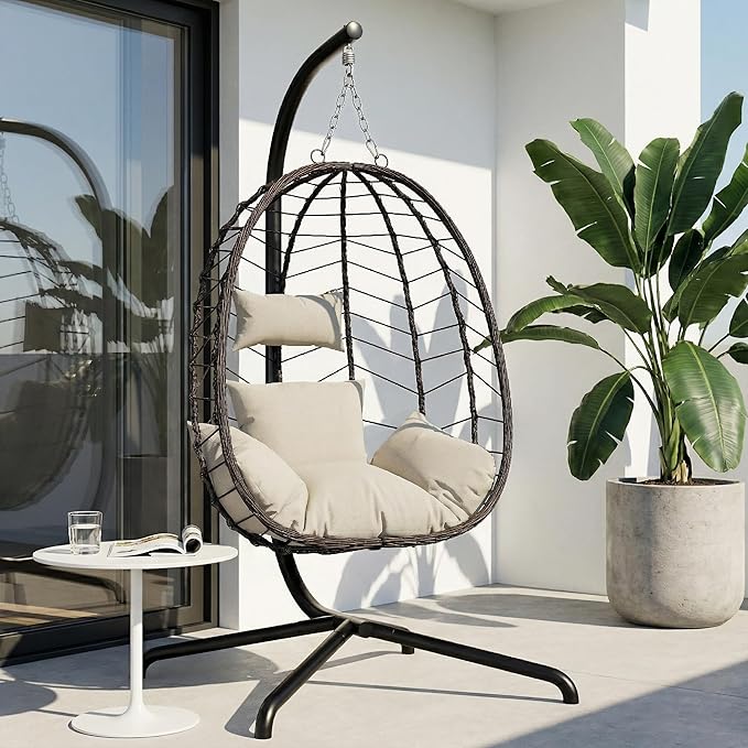 LEX CRAFT Hanging Egg Chair with Stand Swinging Egg Chair Outdoor Indoor Hanging Basket Chair with Cushion Patio Wicker Hammock Chair 350lbs Capacity for Porch Balcony Backyard Garden (Beige1)