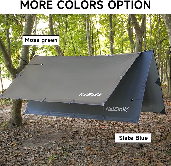 Waterproof Camping Tarp - PU5000mm Coating Rain Fly for Hammock Cover Tarp Tent Versatile with 19 tie-Outs - Portable Essential for Backpacking and Camping Gear - 10x10ft