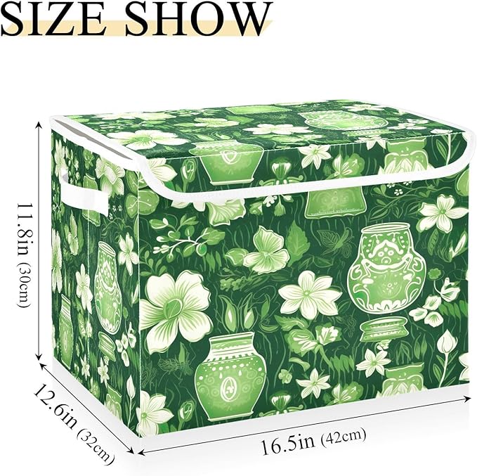 Christmas Storage Baskets with Lids Green and White Flower Vases Collapsible Bins Stackable Fabric Linen Baskets Closet Organizer Container 16.5x12.6x11.8