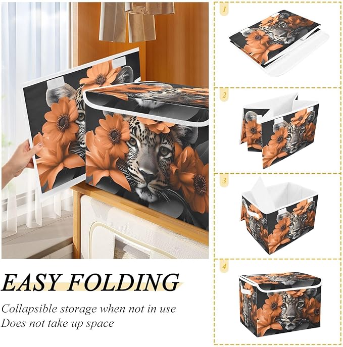 Storage Cube with Lid Floral with Leopard Print 16.5×12.6×11.8 IN Collapsible Large Capacity Foldable Storage Basket Bin Organizer