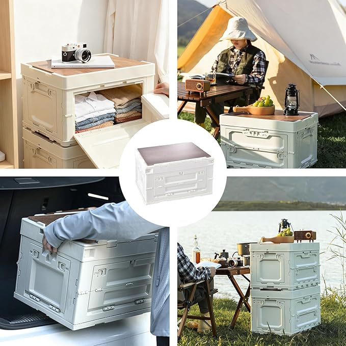 【5-Side Opening】60L Storage Bins with LidsPortable Foldable Storage Box Plastic Stackable Storage Bin for Camp Fishing Car RVOffice (White)