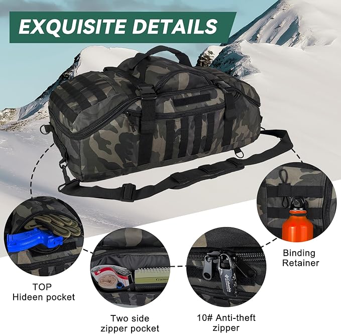 Hannibal Tactical 55L Large Duffle Bag 3-in-1 Tactical Backpack MOLLE Pack for Gym Sports Outdoor Black Camo