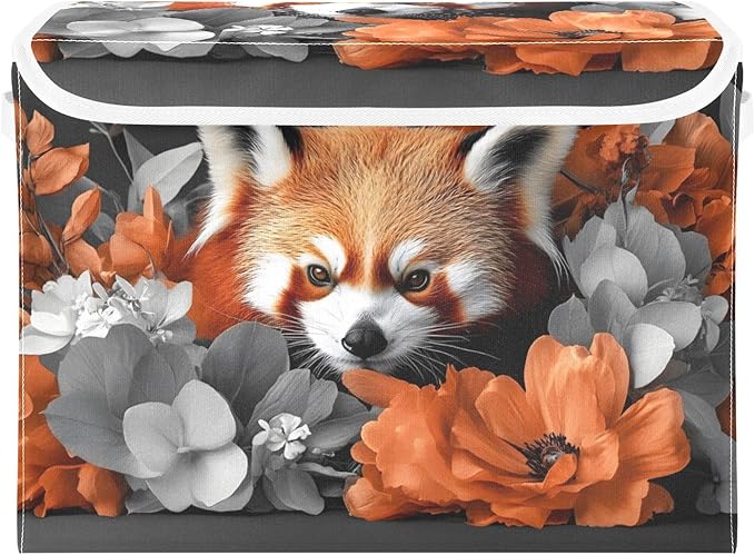 AIXIWAWA Lidded Storage Cube (Red Panda Floral) Fabric Foldable Closet Bins with Flip Lid and Handles Organizer Basket Container 16.5 x 12.6 x 11.8 IN