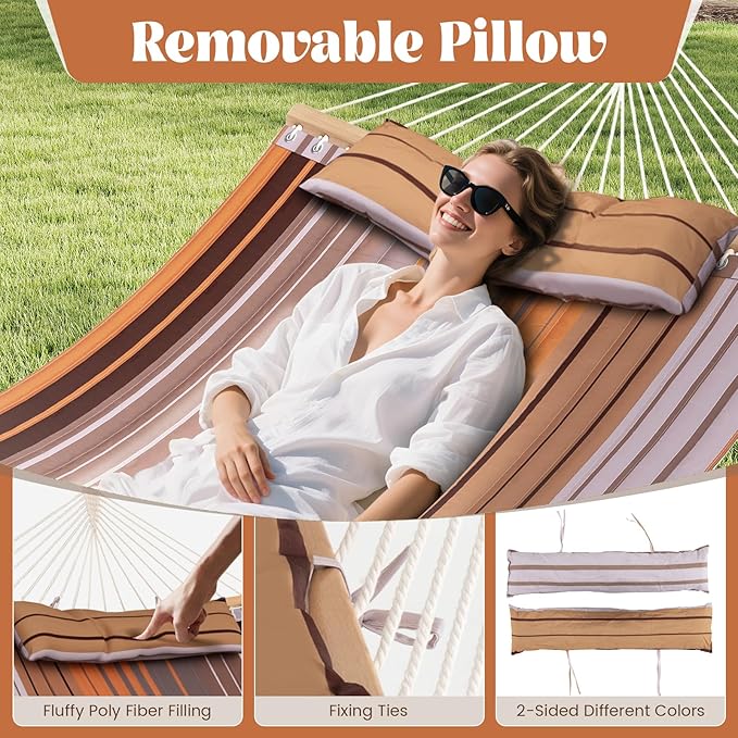 Tangkula 10.5FT Double Hammock Heavy Duty Outdoor Hammock with Curved Spreader Bars Detachable Pillow 2 Person Hammocks for Outside Porch Patio (Stand is not Included) (Coffee)