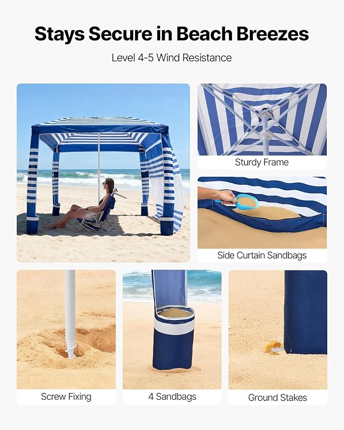 VEVOR Beach Cabana 8 x 8 ft Beach Canopy with Side Wall UPF 50+ Protection Easy Setup Cabana Tent with Sand Pockets Adjustable Height Portable Shade Sun Shelter Umbrella for Family Navy Stripes