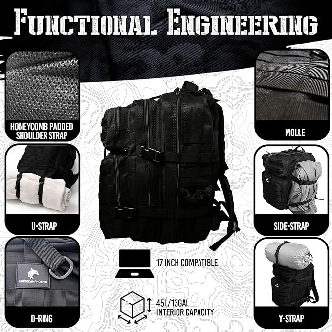 AMERICANPHOENIX 45L Elite Tactical Backpack | 3X Stronger Work &amp Military Backpack | Water Resistant and Heavy Duty | 3 Day MOLLE Bug Out Bag (Carbon Black)