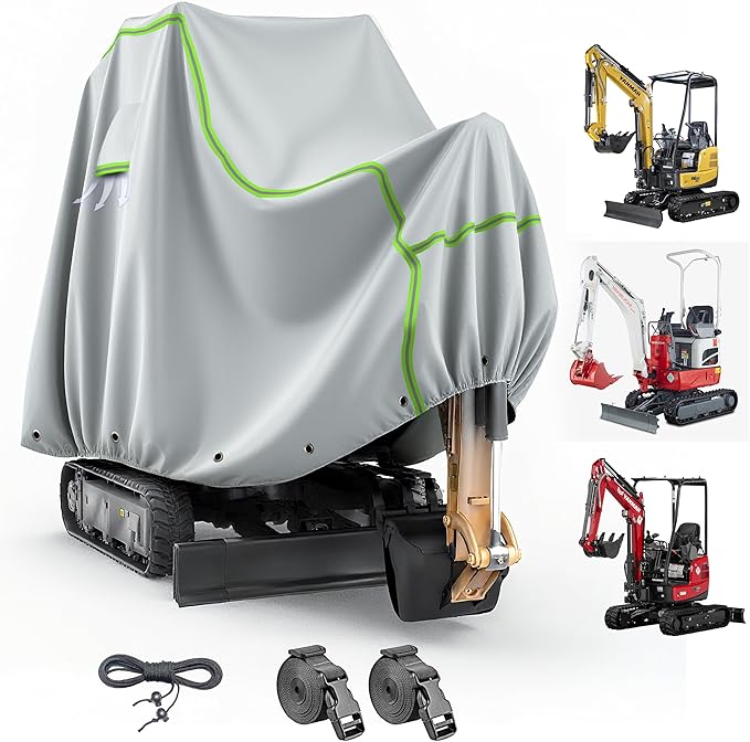 Mini Excavator Cover Fits 3000-4000 lbs Models Mini Excavator Covers Waterproof Compatible with Bobcat E20/Kubota U17/Caterpillar/John Deere 17G 600D Excavator Cover Heavy Duty Excavator Cover.