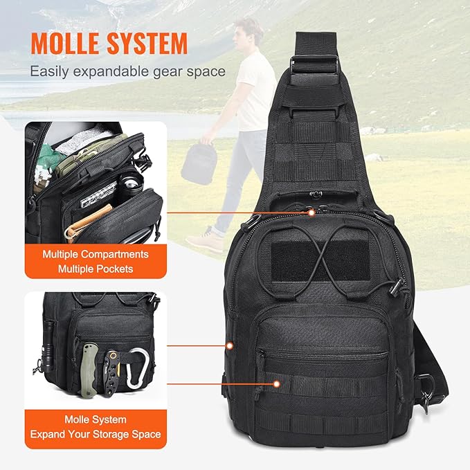 Happybuy Tactical Sling Bag 10L Military Rover Shoulder Sling Backpack with Molle Design and Multi-pocket 600D Tactical Shoulder Bag Ideal for Caping Hiking Black