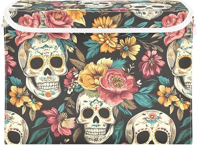 Storage Cube with Lid Mexican Skulls Print 16.5×12.6×11.8 IN Collapsible Large Capacity Foldable Storage Basket Bin Organizer