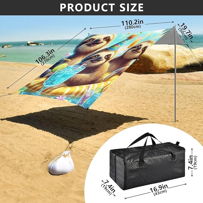 ALAZA Threes Sloth Summer Beach Tent Sun Shelter Portable Canopy Sunshade for Outdoor Camping Picnics Backyard Fun 10x9 ft