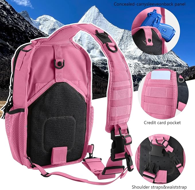 Rover Sling Pack Tactical Shoulder Sling Bag Backpack with Bottle Holder Crossbody Chest Bag Pink