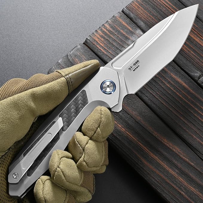 Sitivien ST996 Folding KnifeHandmade M390 Pearlescent Polishing BladeTitanium &amp Carbon Fiber Handle Pocket Knife for Outdoor CampingHikingHunting(Gray)