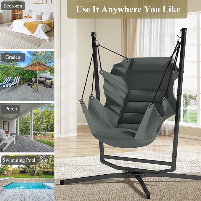 360° Swivel Hammock Swing Chair with Stand - Comfortable Hanging Chair with Cushions (400 lbs Capacity) for Indoor/Outdoor Use - Perfect for Bedroom Patio Porch Deck Garden Balcony