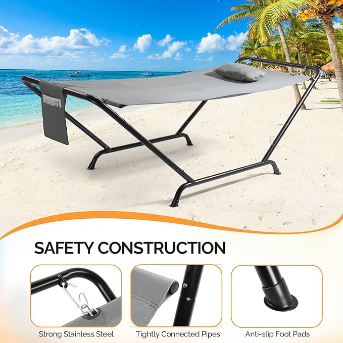 ONCLOUD Freestanding Hammock with Stand 600LBS Heavy Duty Outdoor Hammock Cofy Outdoor Hammock with Stand Hammock Bed for Yard Deck Patio Hammock with Soft Pillow &amp Storage Bag (Grey)