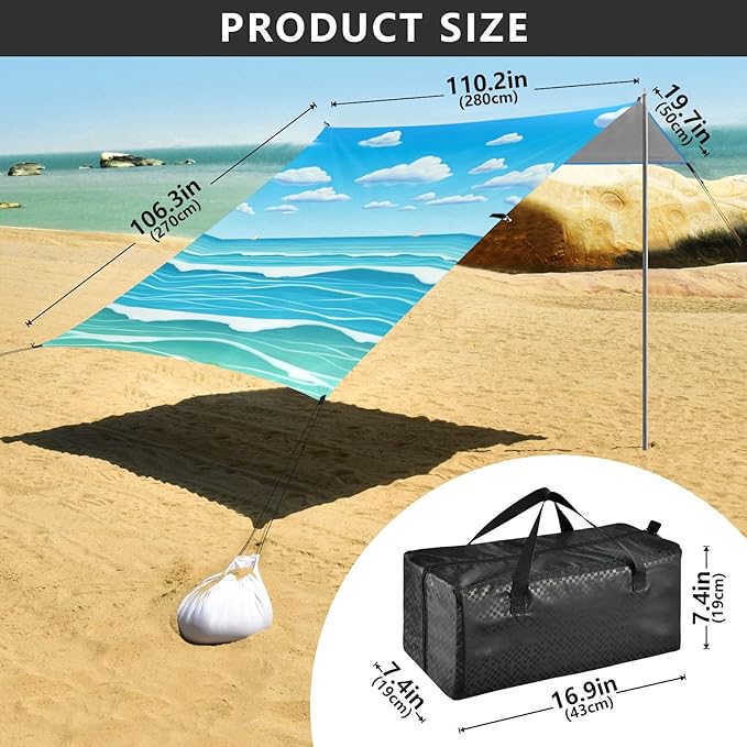 Beach Canopy with Windproof Ropes &amp Sandbags Beach Tent Sun Shade Sun Shelter for Camping Trips Fishing Backyard Fun or Picnics Waves