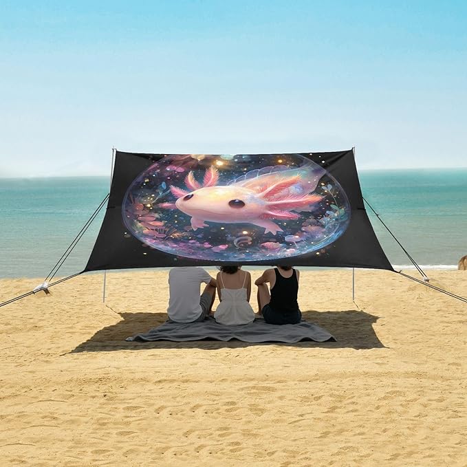 ALAZA Cute Axolotl Salamander Beach Tent Sun Shelter UPF50+ Protection Beach Shade Canopy w/ 4 Sandbags for Outdoor Camping Fishing Backyard Fun Picnic 10x9 ft