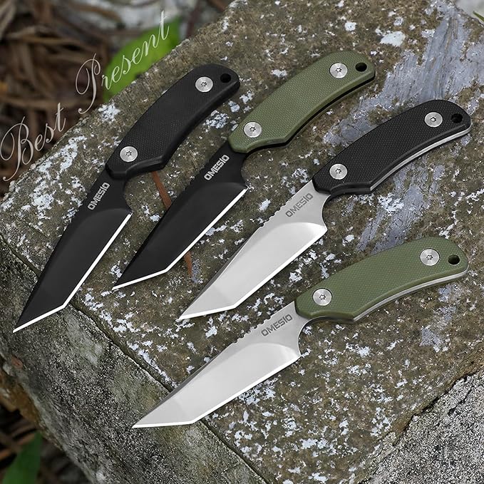 Omesio Tanto Neck Knife Small Fixed Blade with Kydex Sheath and Clip Full Tang 6 Neck Knife with Sheath and Necklace Mini Tactical EDC Knife D2 Steel G10 Handle (Black + Green)
