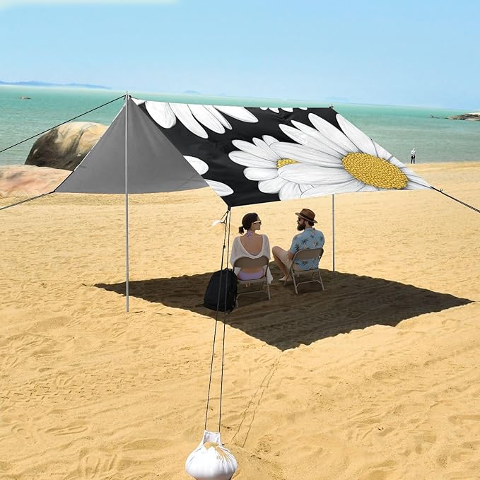 ALAZA Beautiful Daisy Flower on Black Beach Tent Sun Shelter Portable Canopy Sunshade for Outdoor Camping Picnics Backyard Fun 10x9 ft
