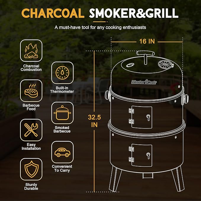 MASTER COOK 16 inch Charcoal Smoker Vertical BBQ Grill Heavy Duty 4 In 1 Fire Pit with built-in Thermometer &amp Adjustable Vent System for Backyard Patio Camping